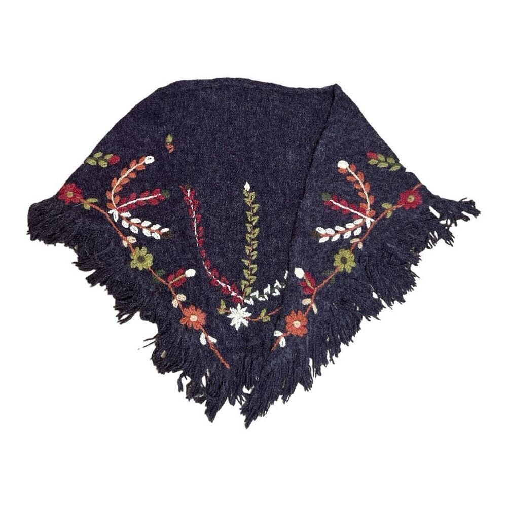 Peruvian Trading Co Fringe Knit Poncho Cape One Size Purple Red Floral - Picture 9 of 10